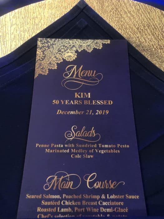 50th birthday menu table place setting purple gold